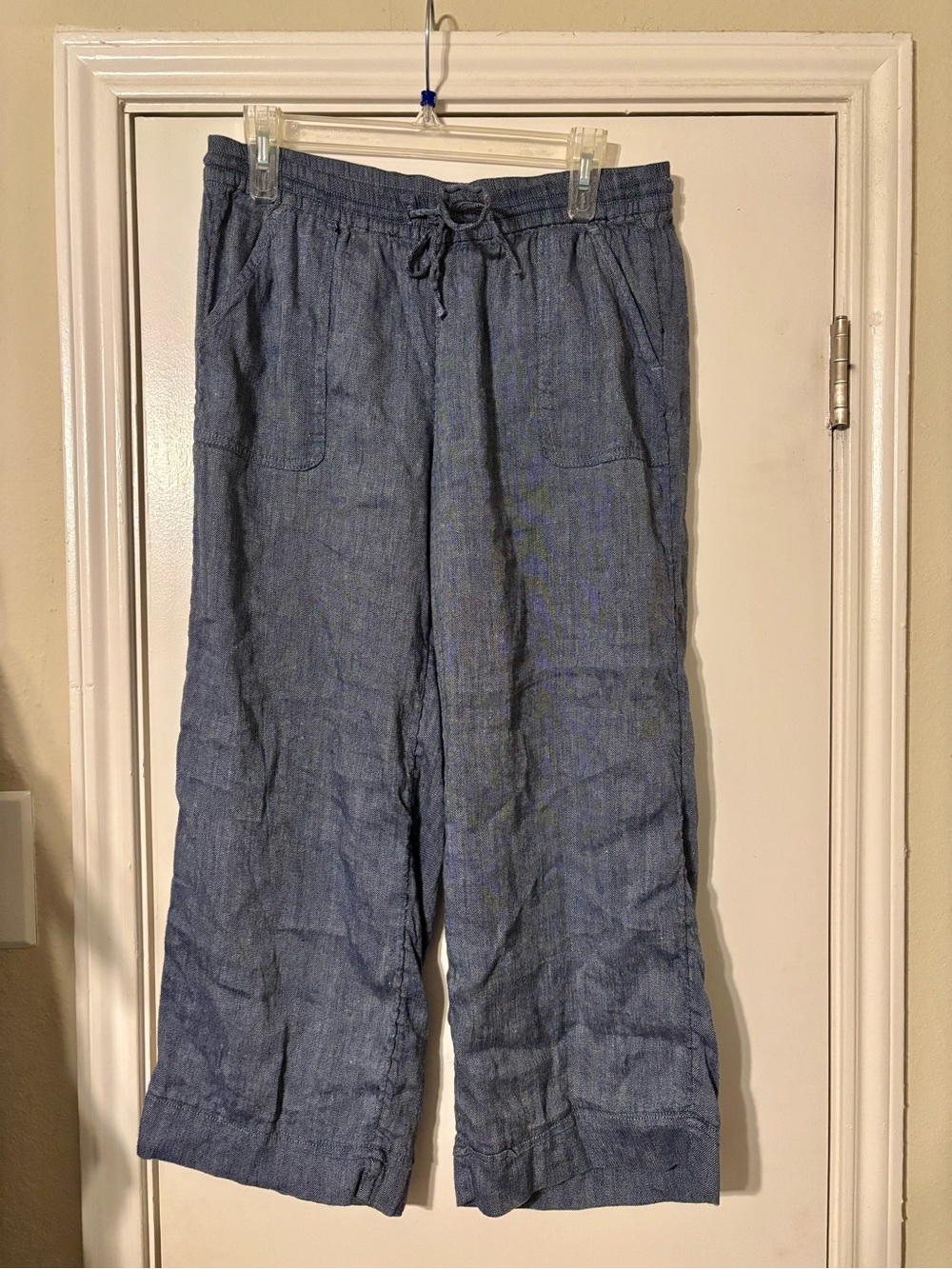 Ann Taylor Loft Blue Drawstring Cropped Linen-Blend Pants